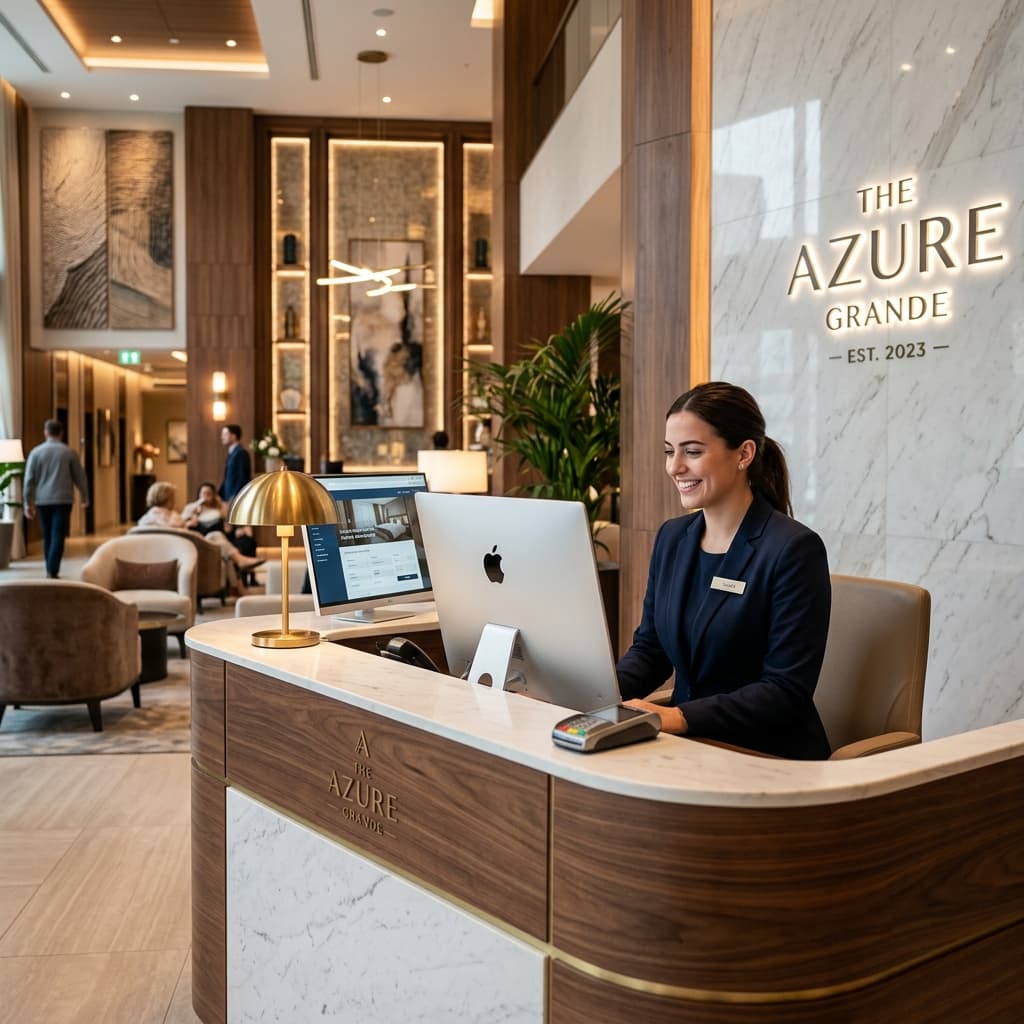 Recepsionist duke përdorur sistemin e hotelit